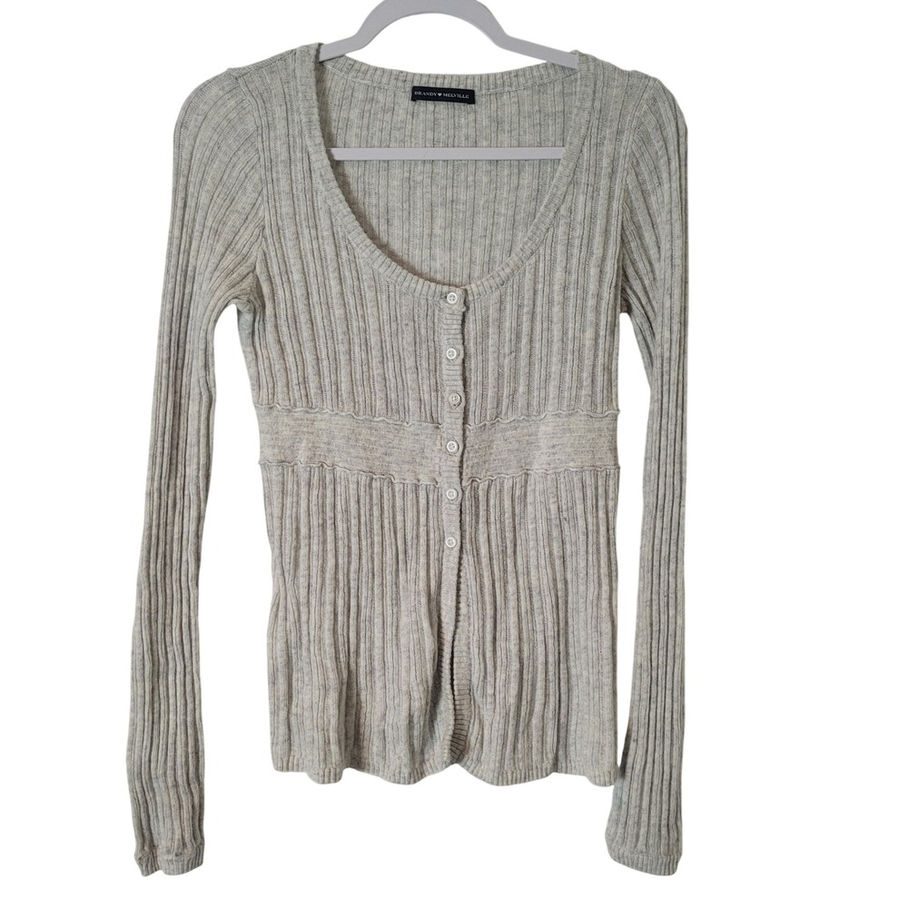 Brandy Melville Grey Ribbed Cardigan S Scoop Neck Babydoll Angora Y2K Bella Swan